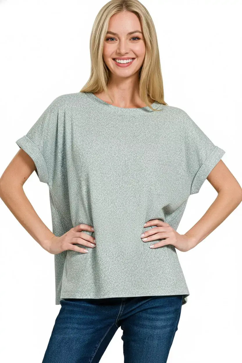 Zenana Soft Melange Hacci Short Sleeve Round Neck Top - Trendsi - Flyclothing LLC
