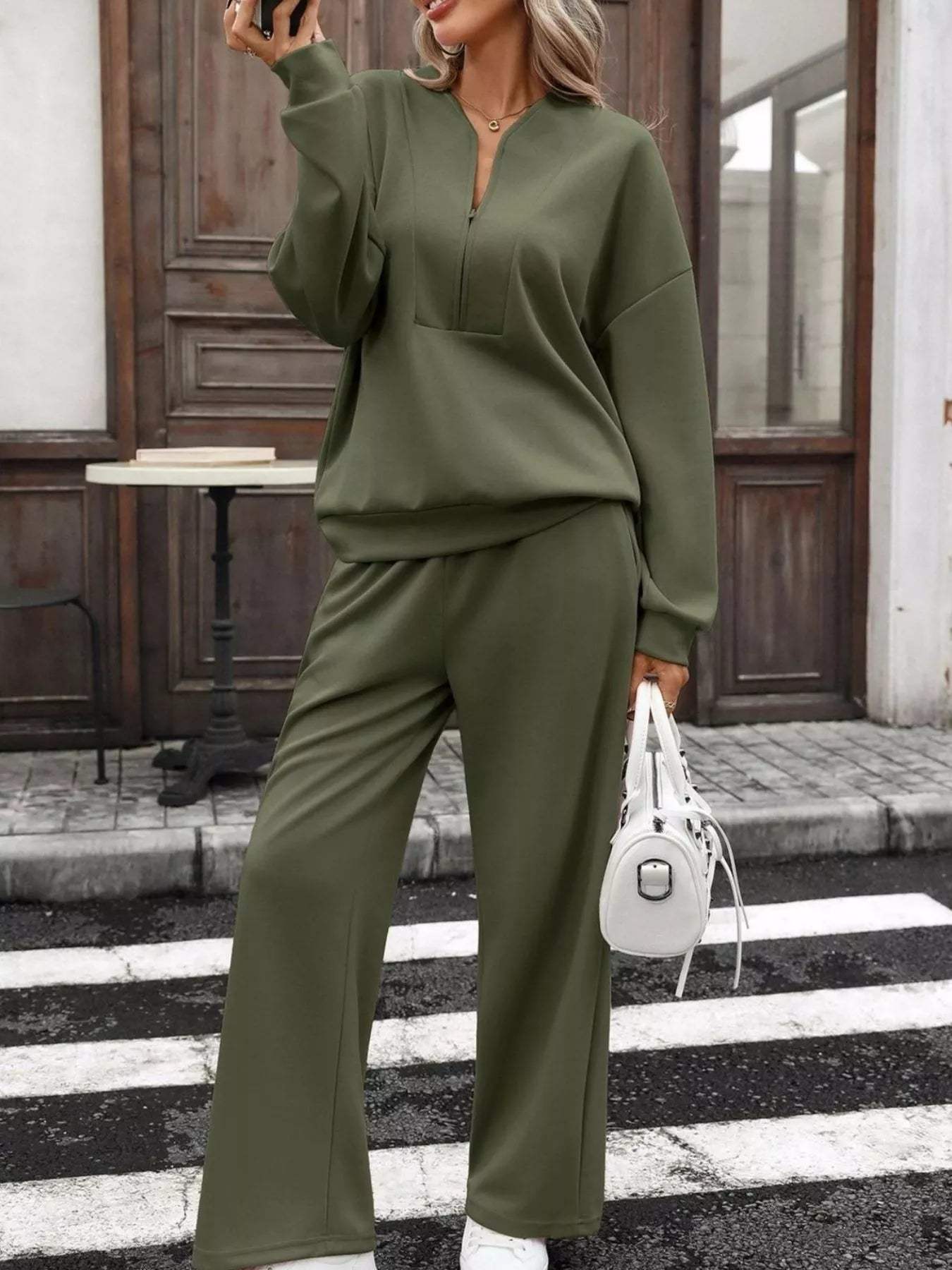 Half Zip Sweatshirt and Wide-Leg Pants Set - Trendsi - Flyclothing LLC