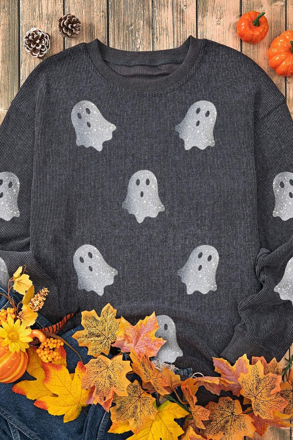 Glitter Ghost Round Neck Long Sleeve Sweatshirt - Trendsi - Flyclothing LLC