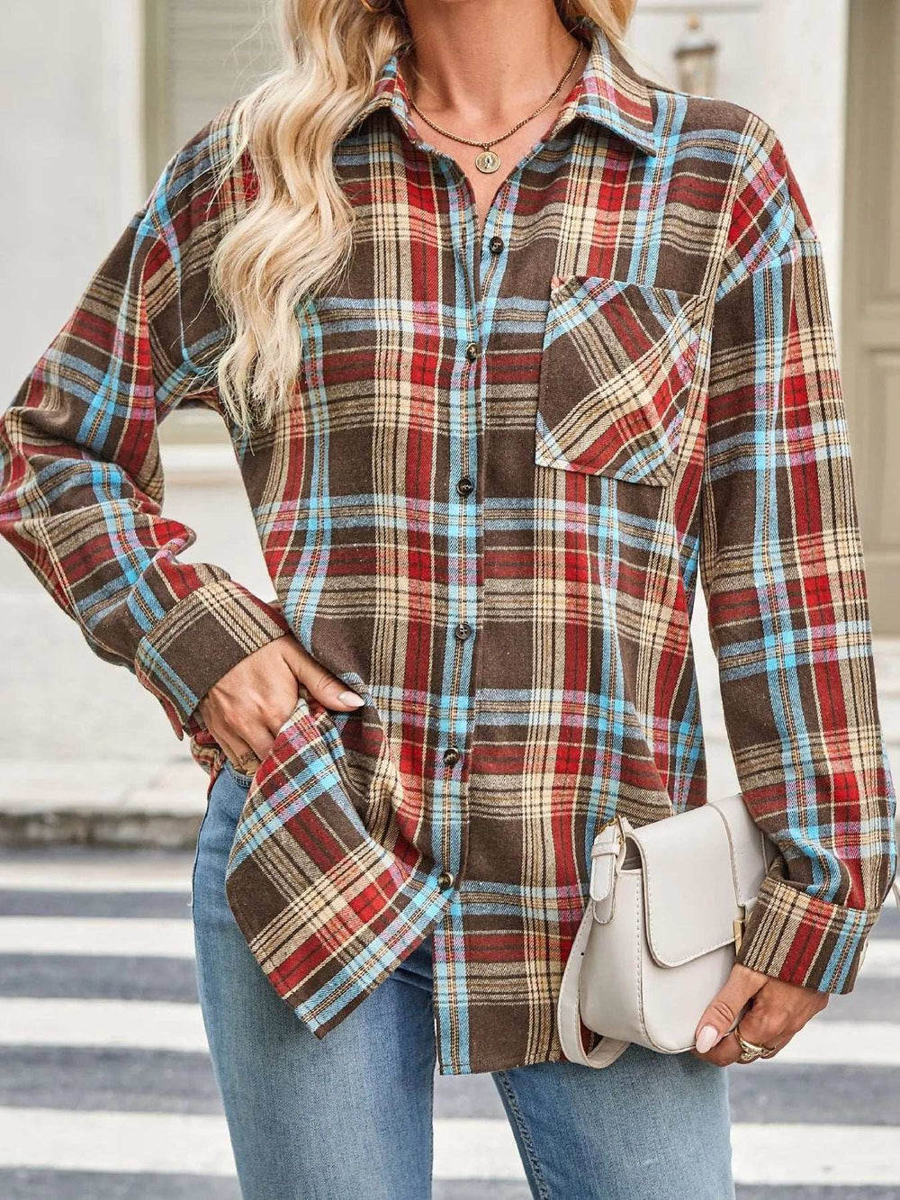 Plaid Button Up Long Sleeve Shirt - Trendsi - Flyclothing LLC