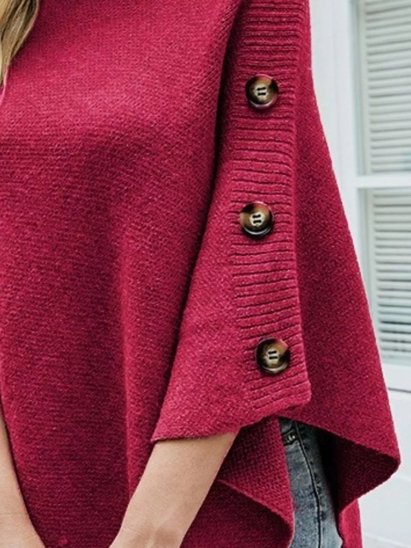 Button-Decor Turtleneck Poncho Pullover - Trendsi - Flyclothing LLC