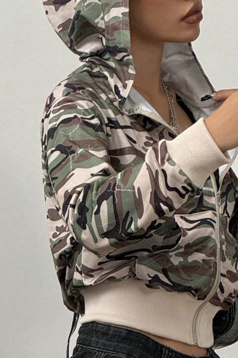 Pocketed Camouflage Zip Up Hooded Jacket - Trendsi - Flyclothing LLC
