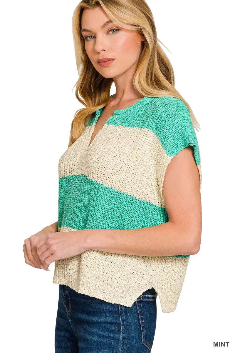 Zenana Split Neck Sleeveless Stripe Sweater - Trendsi - Flyclothing LLC