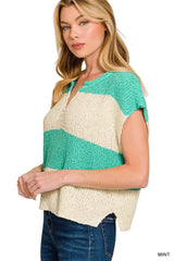 Zenana Split Neck Sleeveless Stripe Sweater - Trendsi - Flyclothing LLC