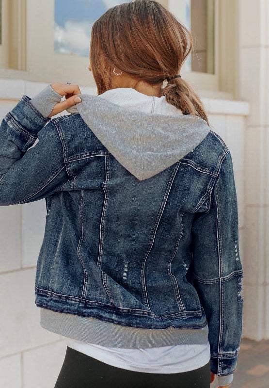 Fake Two-Piece Hooded Zip-Up Denim Jacket - Trendsi - Flyclothing LLC
