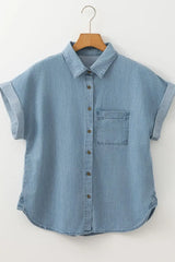 Folded Short Sleeve Patched Pocket Denim Shirt - Trendsi - Flyclothing LLC