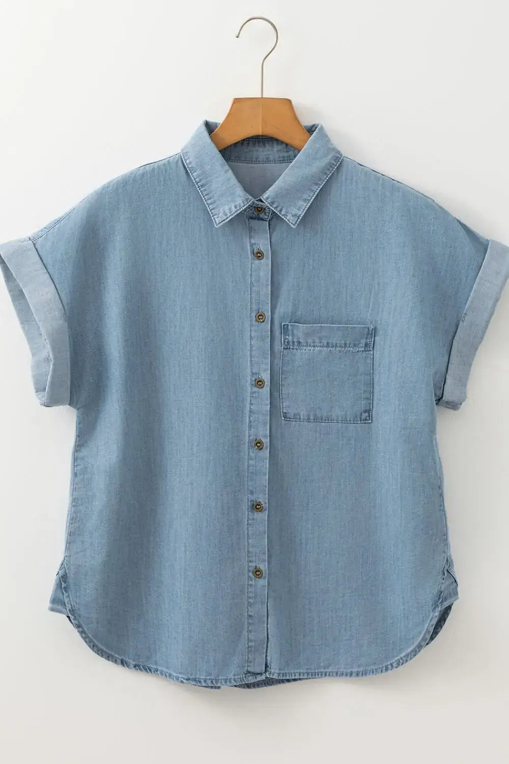 Folded Short Sleeve Patched Pocket Denim Shirt - Trendsi - Flyclothing LLC
