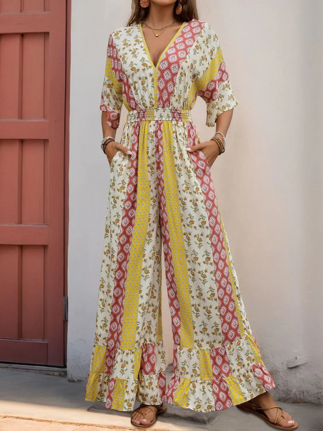 Perfee Ruffled Hem Printed V-Neck Jumpsuit - Trendsi - Flyclothing LLC