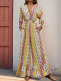 Perfee Ruffled Hem Printed V-Neck Jumpsuit - Trendsi