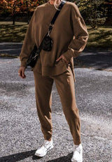 Side Slit Round Neck Long Sleeve Top and Pants Set - Trendsi - Flyclothing LLC