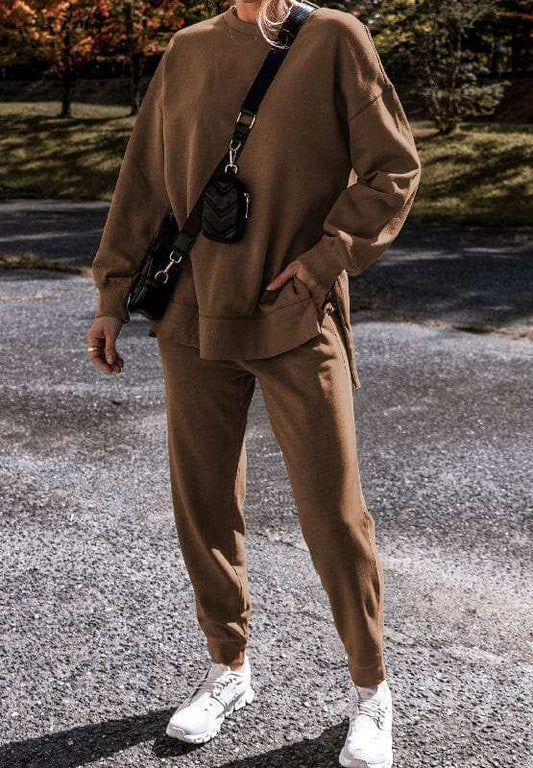 Side Slit Round Neck Long Sleeve Top and Pants Set - Trendsi - Flyclothing LLC