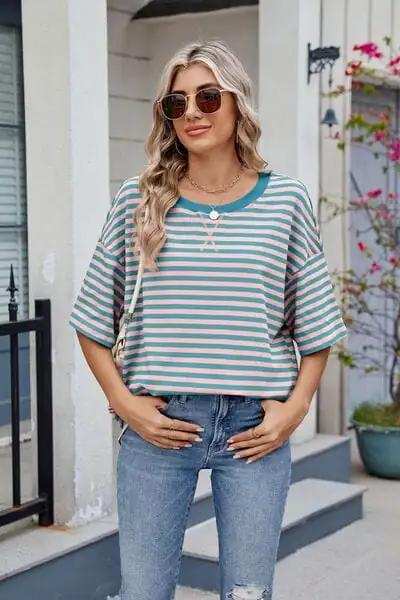 Contrast Striped Round Neck Half Sleeve T-Shirt - Trendsi - Flyclothing LLC
