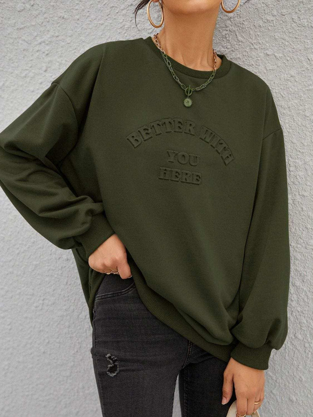 Stereoscopic Letter Round Neck Long Sleeve Sweatshirt - Trendsi - Flyclothing LLC