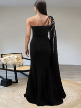 Rhinestone Pearl Detail One-Shoulder Mermaid Maxi Dress - Trendsi - Flyclothing LLC