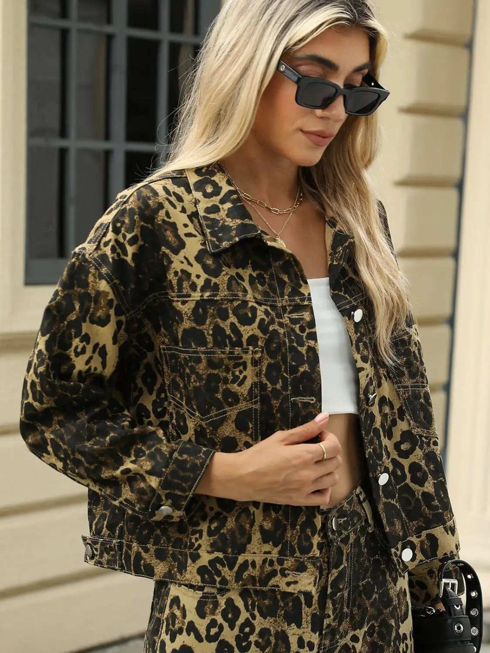 Pocketed Leopard Long Sleeve Denim Jacket - Trendsi - Flyclothing LLC