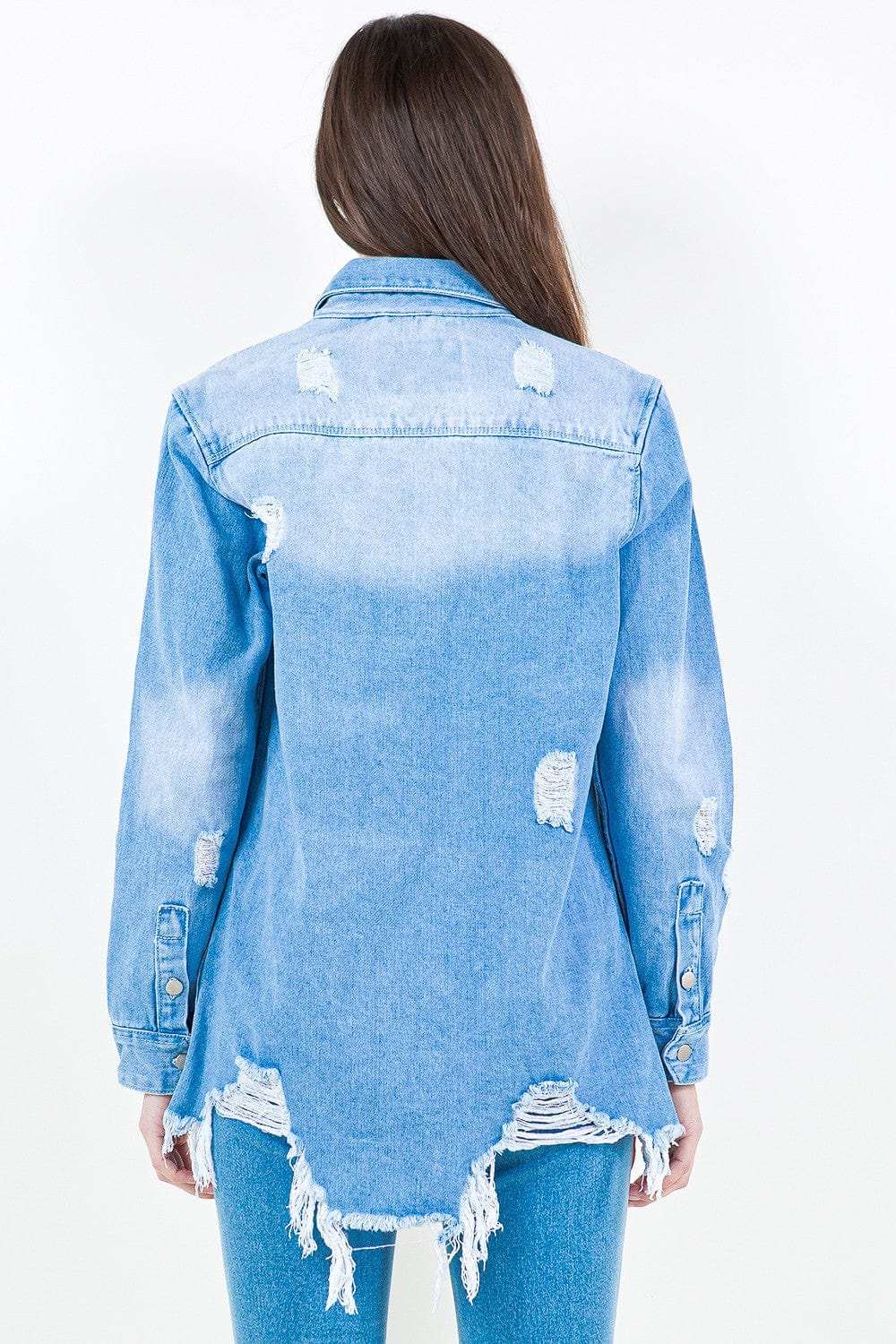 American Bazi Frayed Hem Distressed Denim Shirt Jacket - Trendsi - Flyclothing LLC