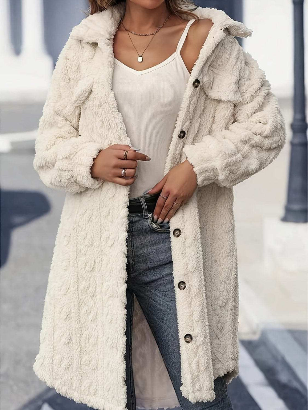 Fuzzy Button Up Long Sleeve Longline Coat - Trendsi - Flyclothing LLC