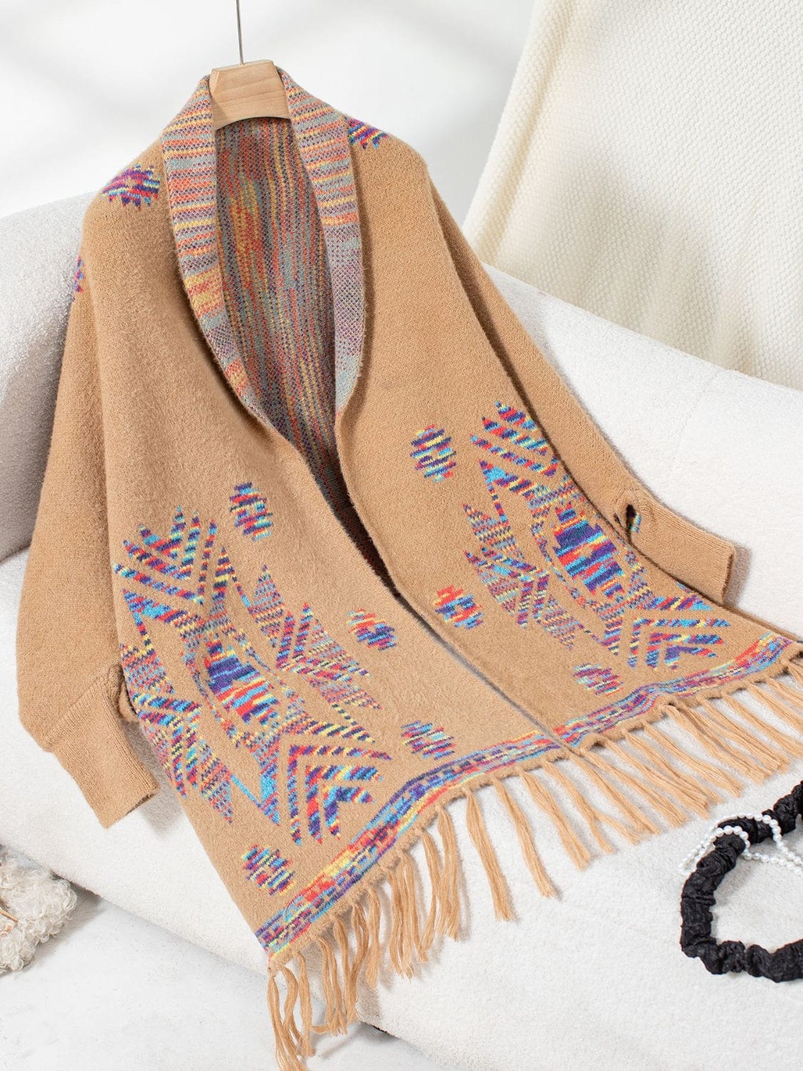 Fringe Geometric Open Front Long Sleeve Cape - Trendsi