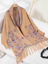 Fringe Geometric Open Front Long Sleeve Cape - Trendsi - Flyclothing LLC