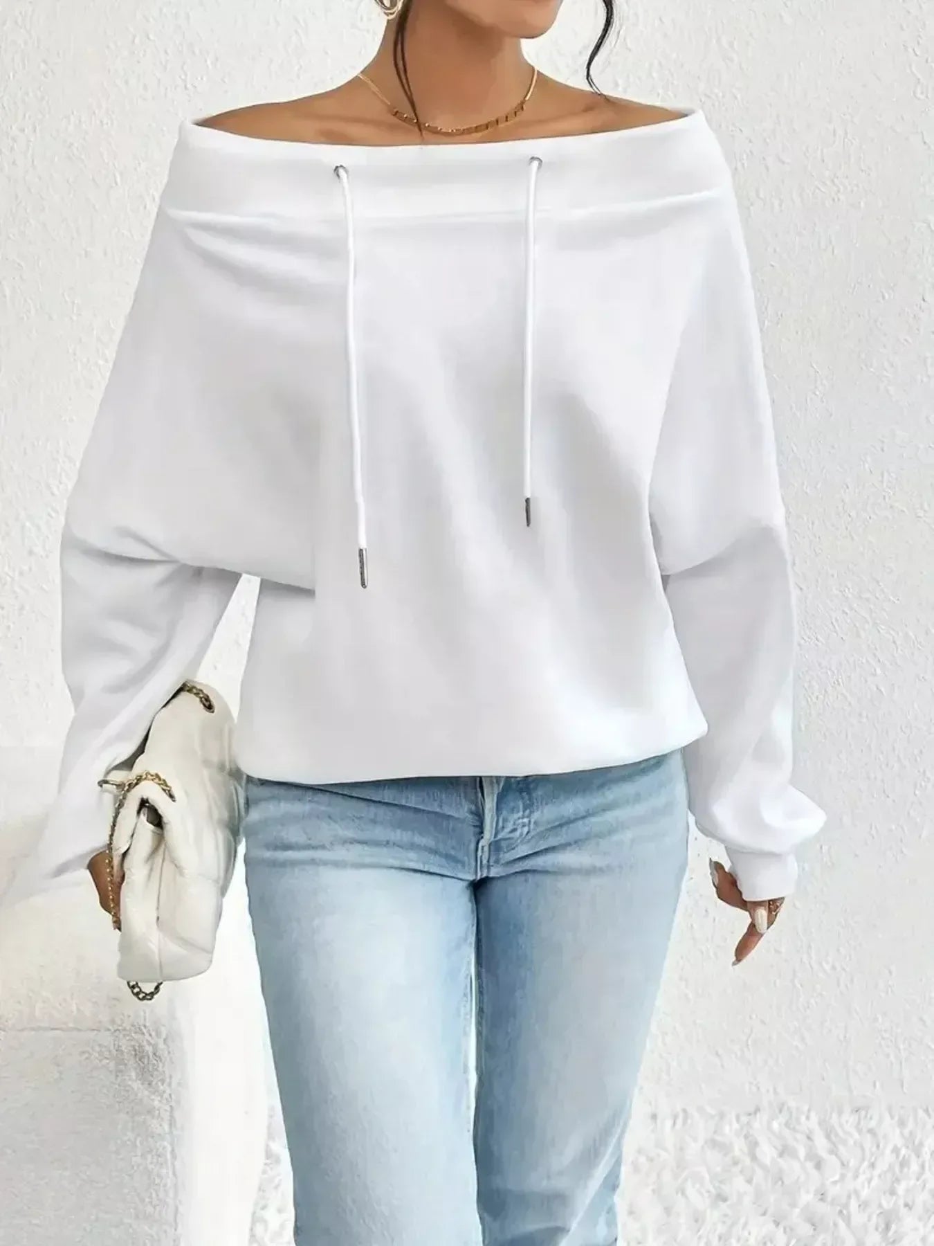 Off-Shoulder Drawstring Sweatshirt - Trendsi - Flyclothing LLC