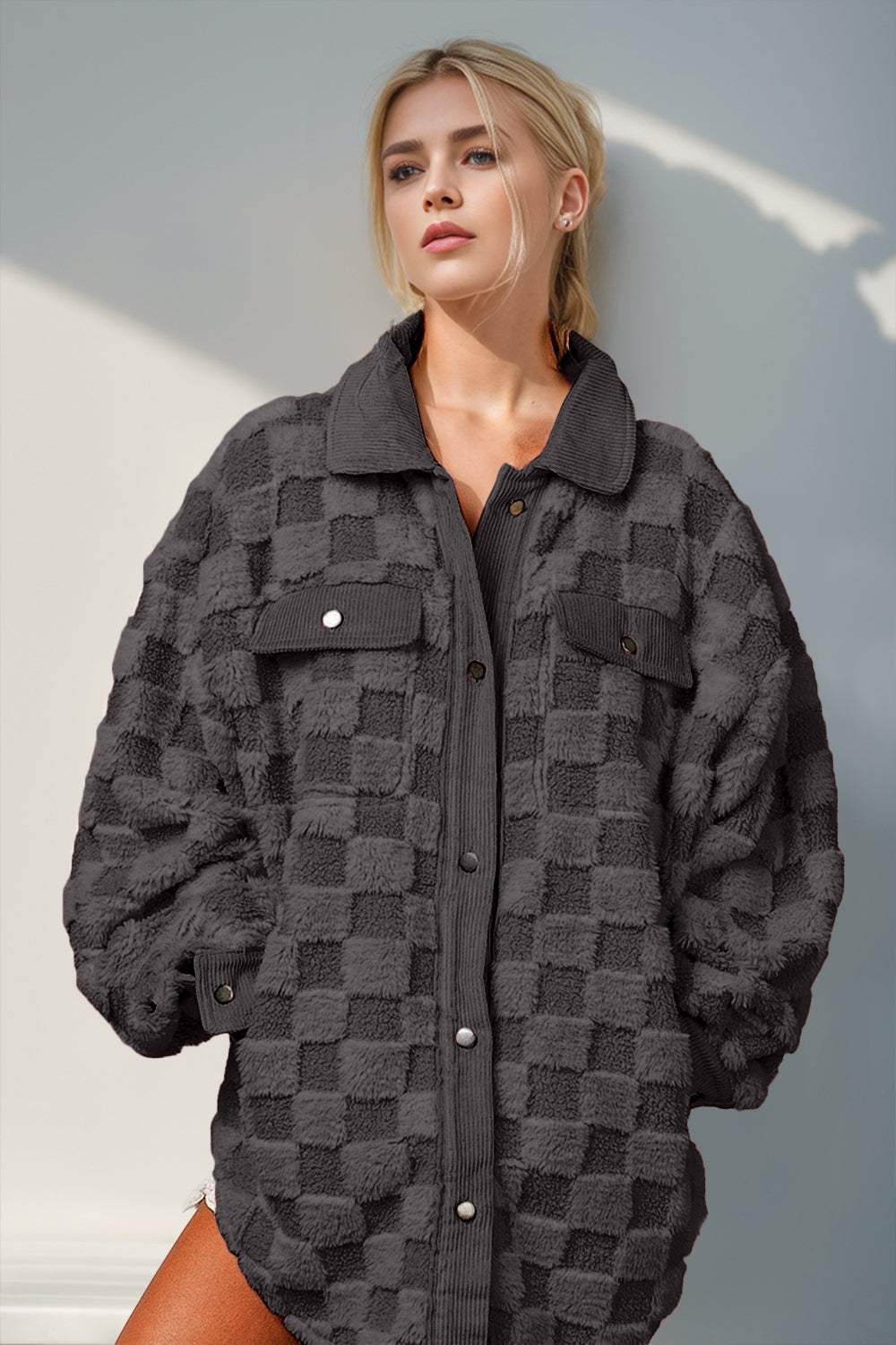 Double Take Button Up Fuzzy Checkered Shacket - Trendsi - Flyclothing LLC