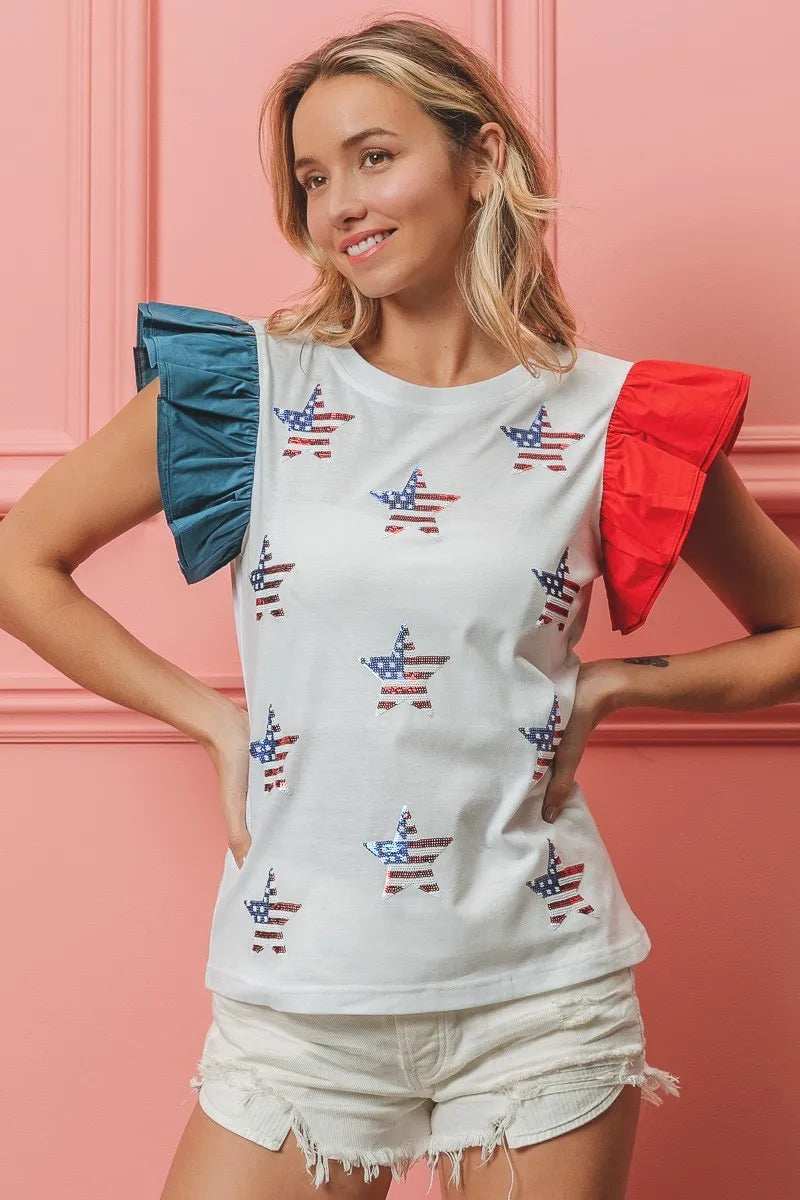 BiBi American Flag Sequin Stars Top - Trendsi - Flyclothing LLC