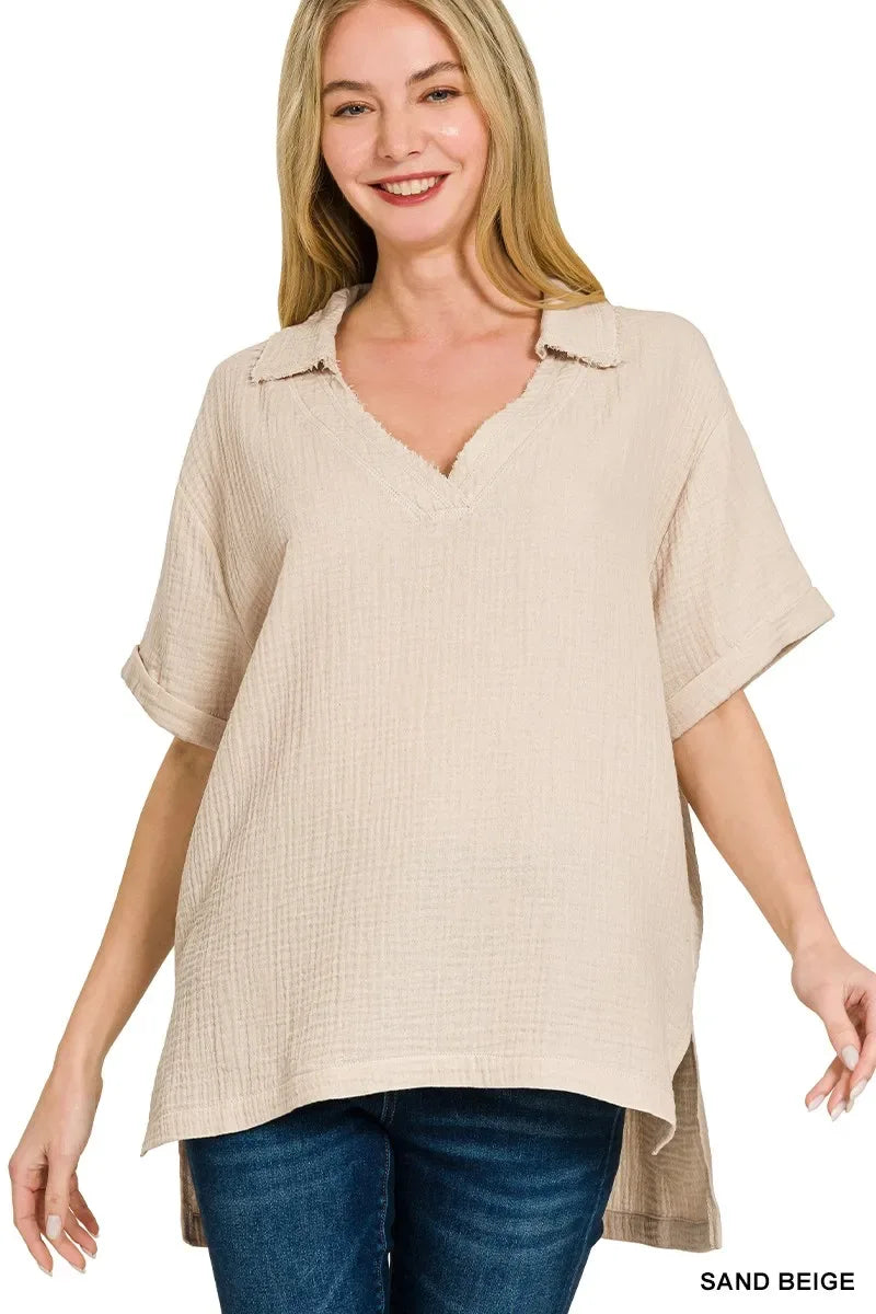 Zenana Double Gauze Short Sleeve High-Low Top - Trendsi - Flyclothing LLC
