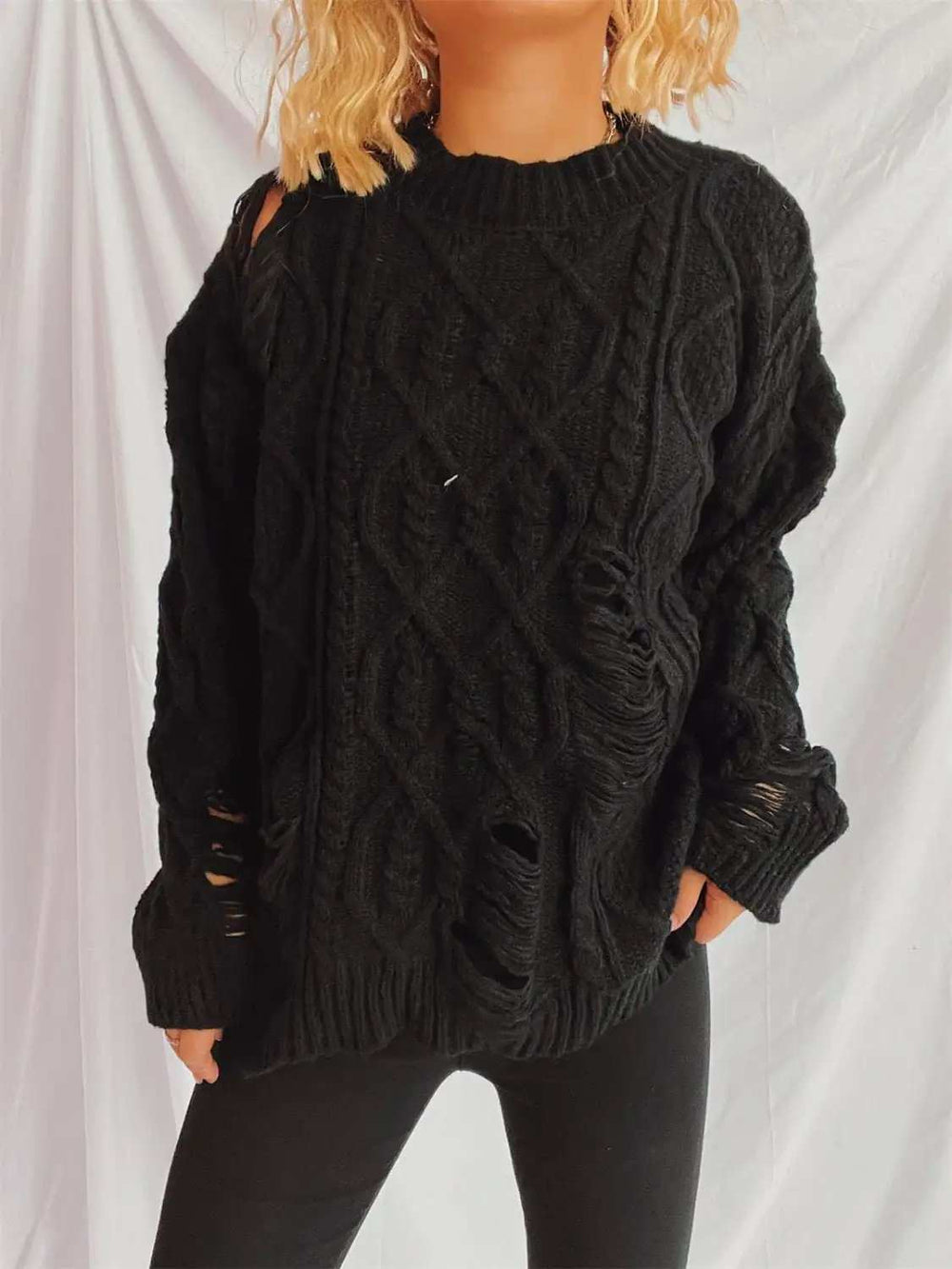 Distressed Cable-Knit Round Neck Long Sleeve Sweater - Trendsi - Flyclothing LLC