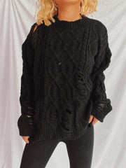 Distressed Cable-Knit Round Neck Long Sleeve Sweater - Trendsi