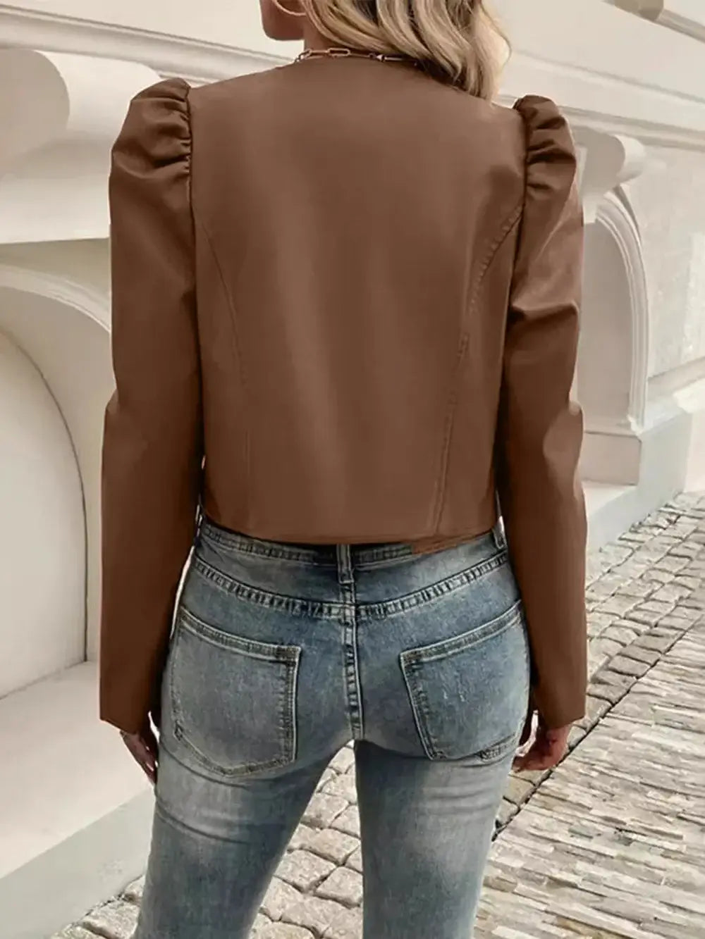 PU Leather Open Front Puff Sleeve Jacket - Trendsi - Flyclothing LLC