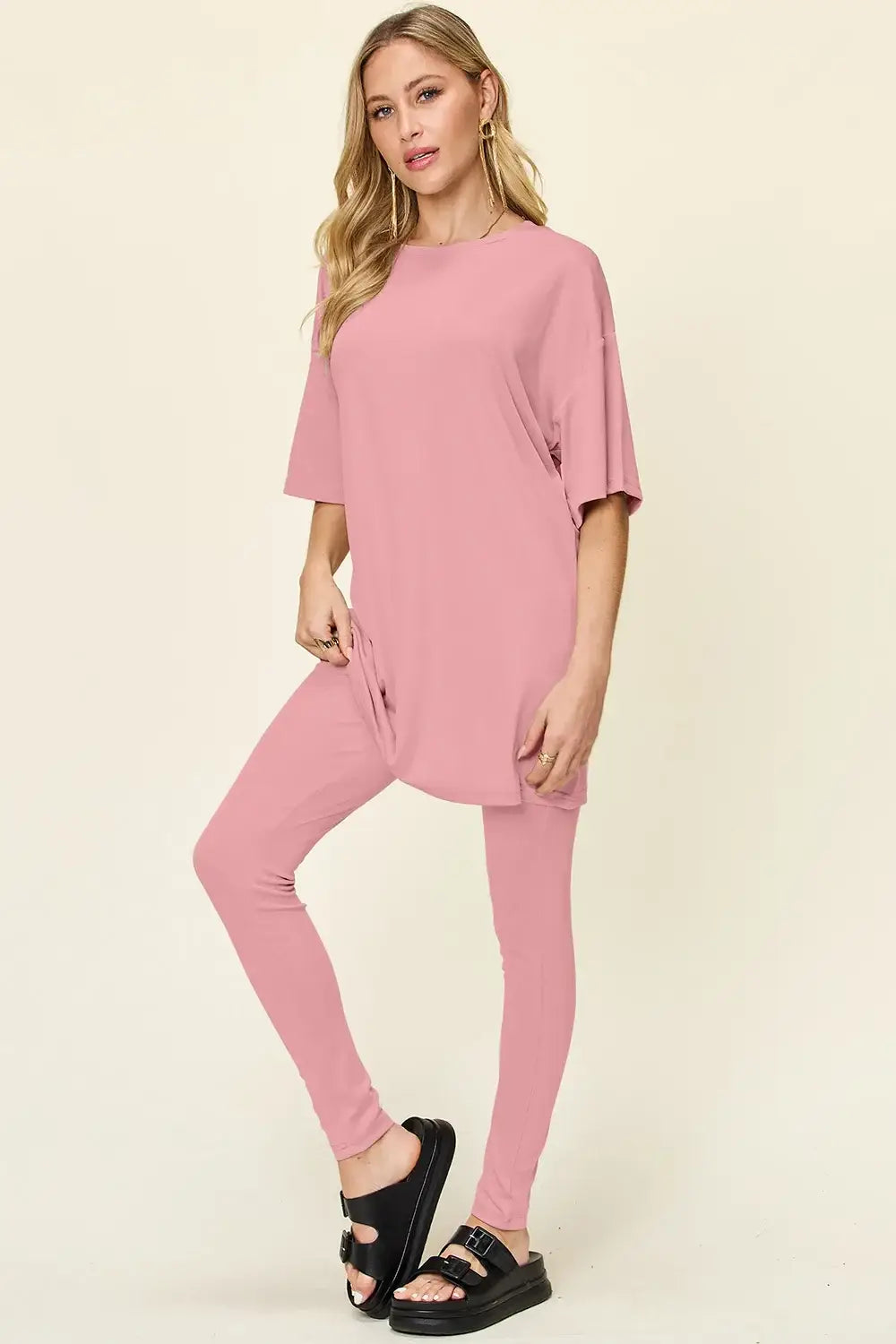 Double Take Full Size Round Neck Dropped Shoulder T-Shirt and Leggings Set - Trendsi - Flyclothing LLC