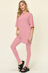 Double Take Full Size Round Neck Dropped Shoulder T-Shirt and Leggings Set - Trendsi - Flyclothing LLC