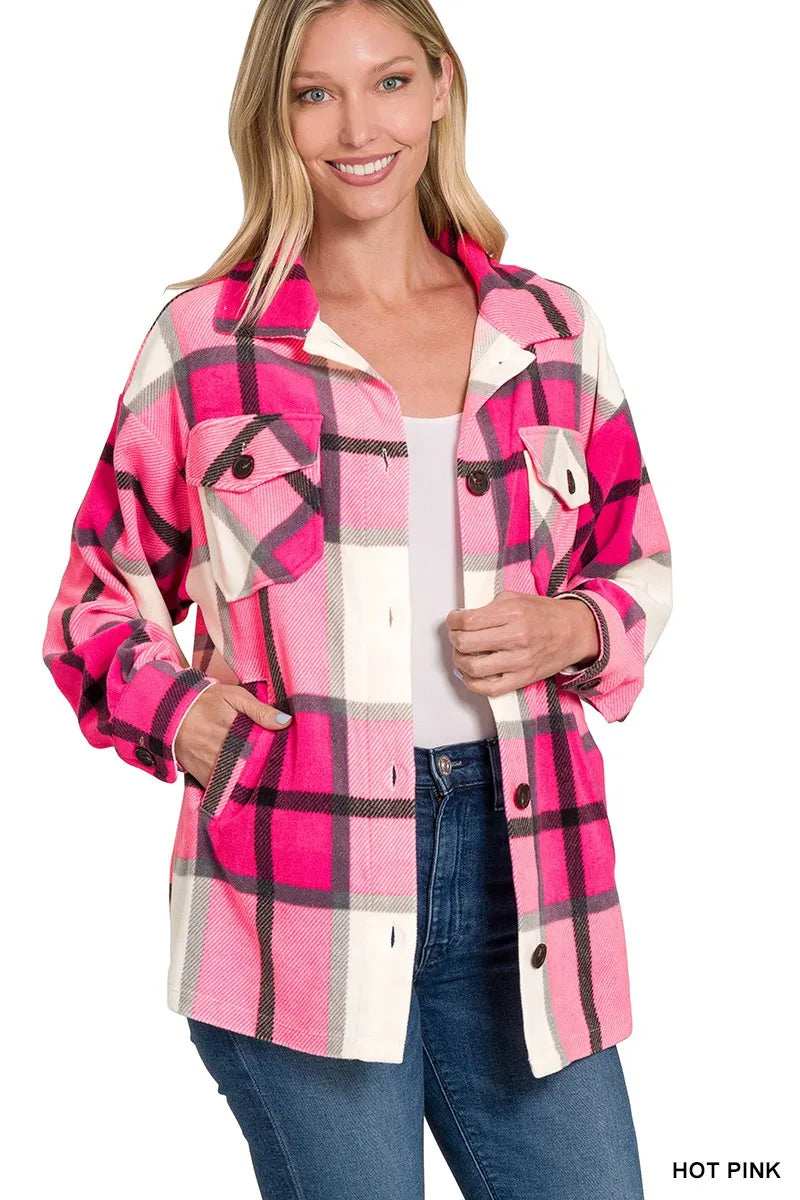 Zenana Oversized Plaid Fleece Shacket - Trendsi - Flyclothing LLC
