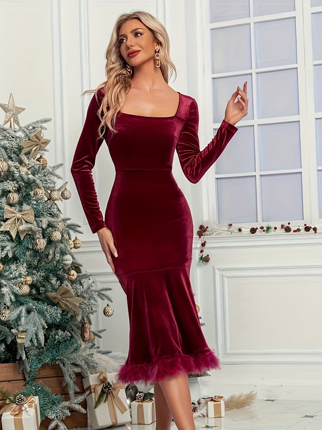 Plush Hem Square Neck Long Sleeve Dress - Trendsi