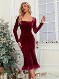 Plush Hem Square Neck Long Sleeve Dress - Trendsi