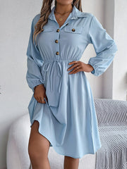 Collared Neck Long Sleeve Dress with Pockets - Trendsi