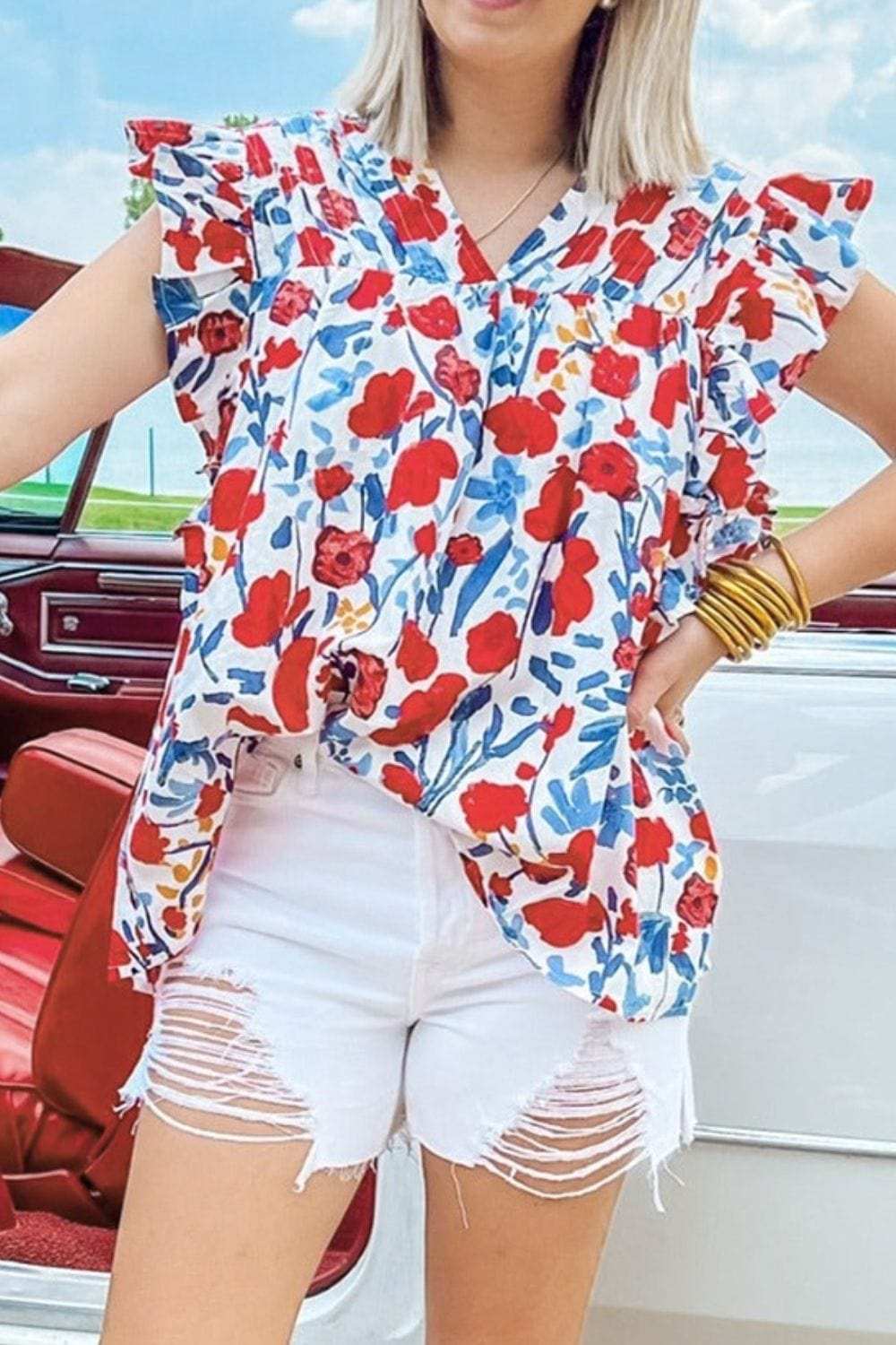 Ruffled Printed V-Neck Cap Sleeve Blouse - Trendsi - Flyclothing LLC
