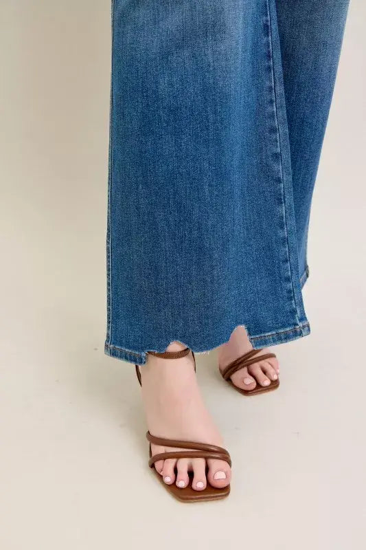 Judy Blue Full Size High Waist Tummy Control Chew Hem Destroy Wide Jeans Plus Size - Trendsi - Flyclothing LLC