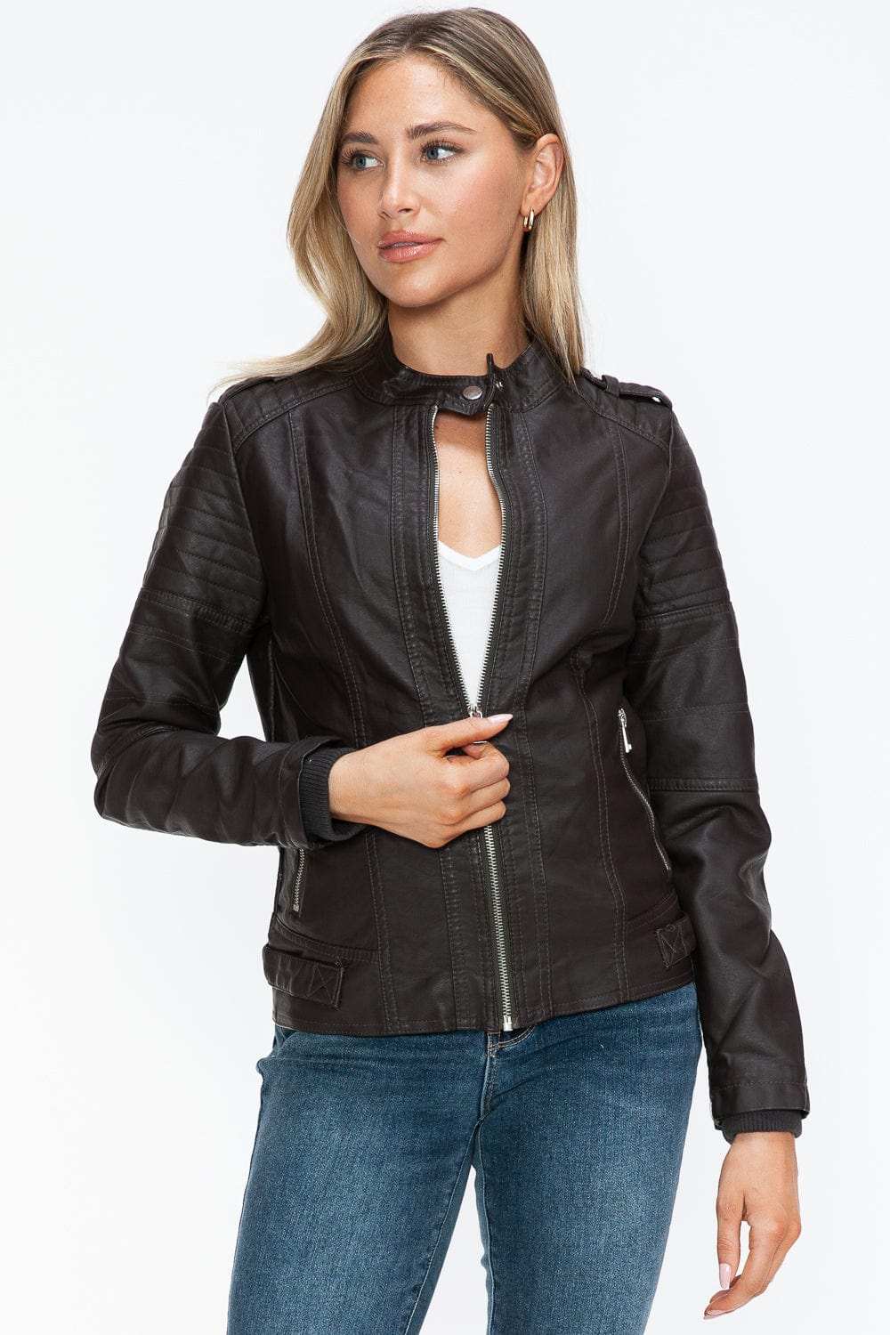 Snobbish PU Leather Biker Jacket with Side Zip Pockets - Trendsi - Flyclothing LLC