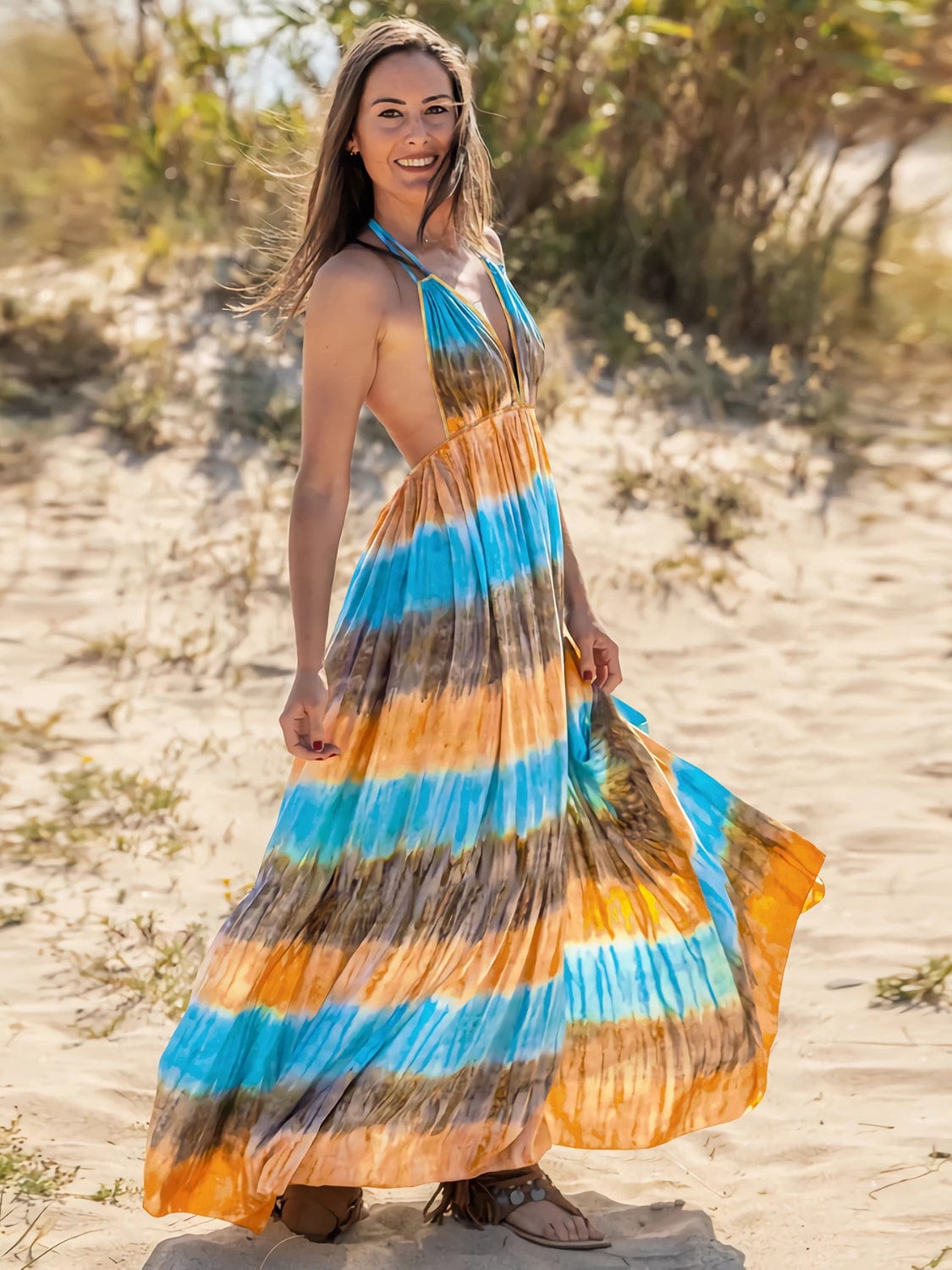Tie-Dye Halter Neck Sleeveless Dress Trendsi
