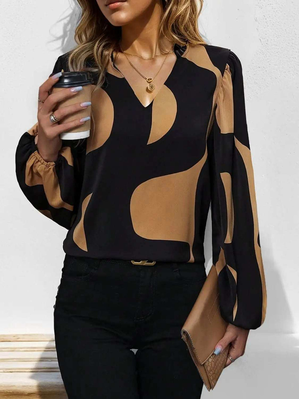 Frill Notched Long Sleeve Blouse - Trendsi - Flyclothing LLC