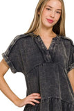 Zenana Washed Double Gauze Raw Edge V-neck Dress - Trendsi