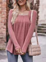 Pleated Square Neck Long Sleeve T-Shirt - Trendsi - Flyclothing LLC
