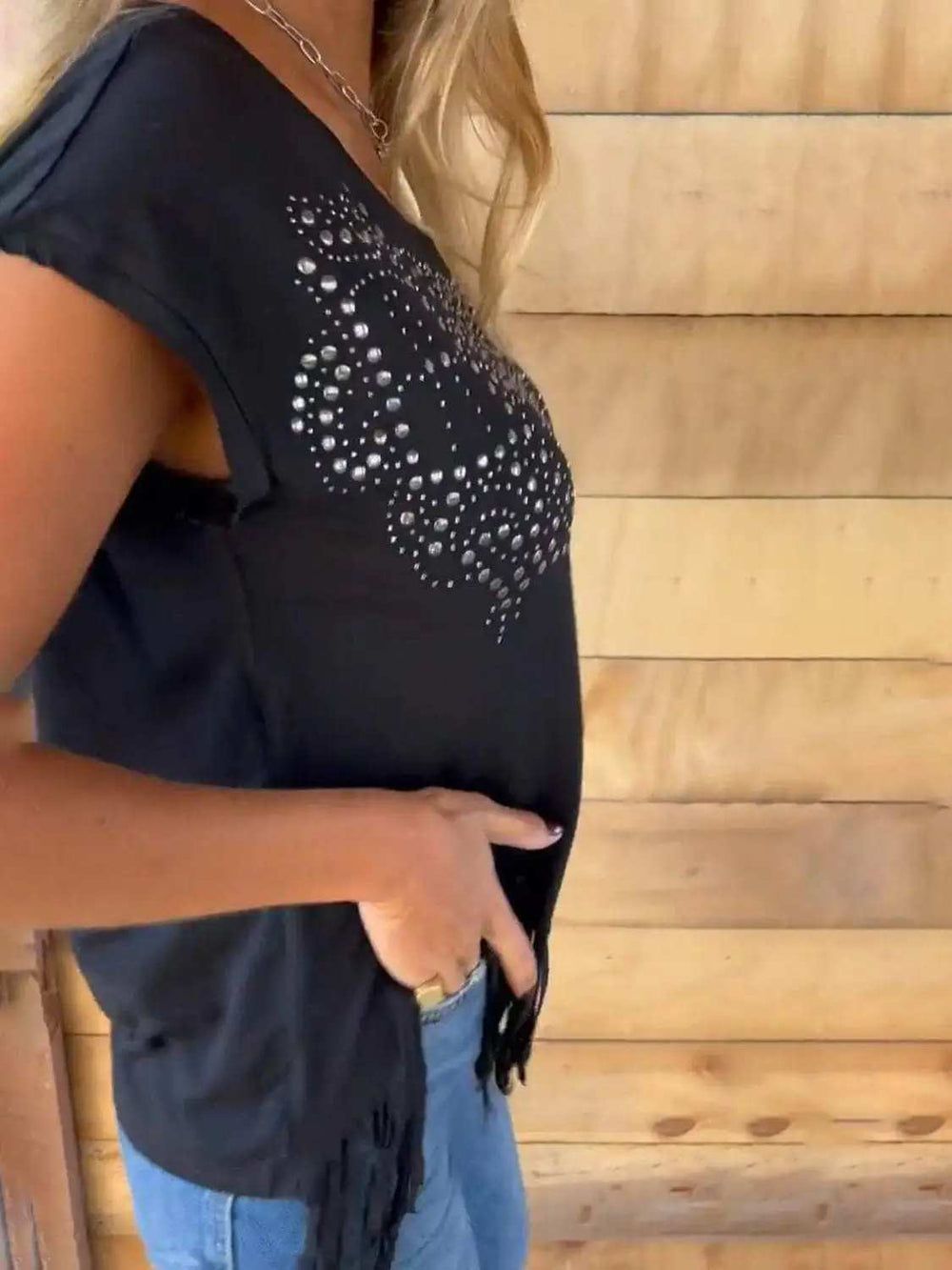 Studded Fringe Round Neck Cap Sleeve T-Shirt - Trendsi - Flyclothing LLC