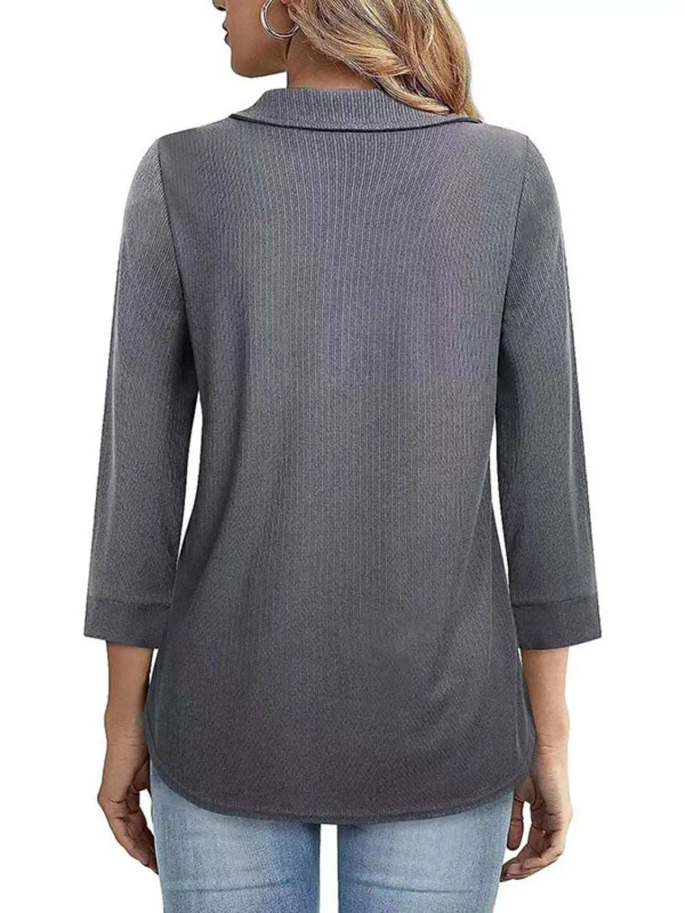 Half Zip Collared Neck Three-Quarter Sleeve T-Shirt - Trendsi - Flyclothing LLC