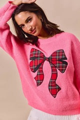 SO ME Checker Plaid Ribbon Christmas Holiday Sweater - Trendsi - Flyclothing LLC