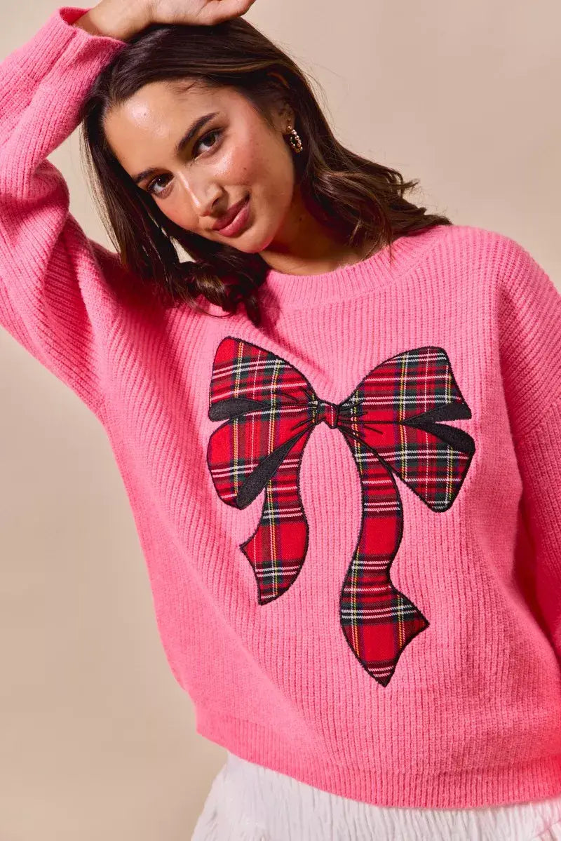 SO ME Checker Plaid Ribbon Christmas Holiday Sweater - Trendsi - Flyclothing LLC