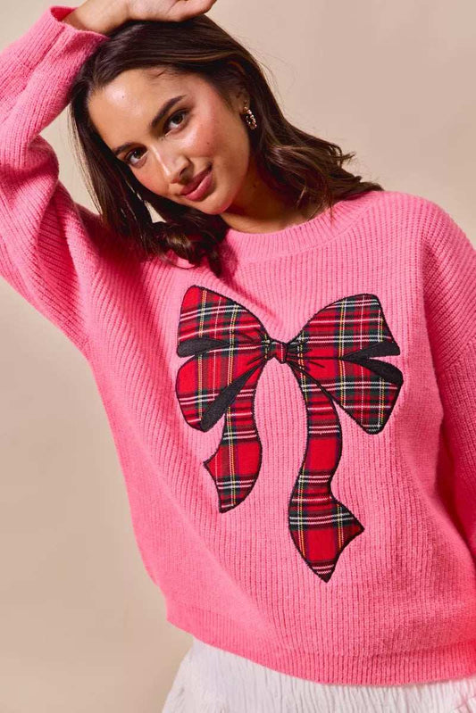 SO ME Checker Plaid Ribbon Christmas Holiday Sweater - Trendsi - Flyclothing LLC
