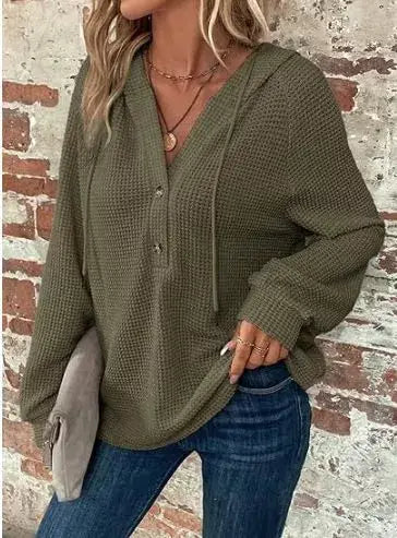 Waffle Knit Button Detail Hoodie - Trendsi - Flyclothing LLC