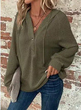 Waffle Knit Button Detail Hoodie - Trendsi - Flyclothing LLC